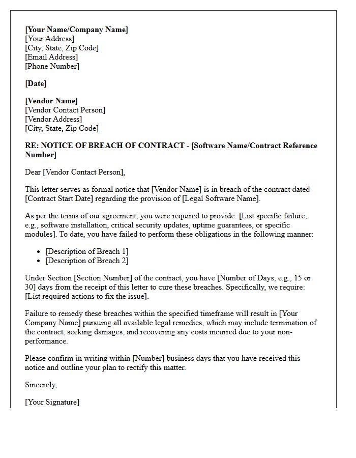 Notice of Breach of Contract Letter for Vendor Failure to Provide Legal Software