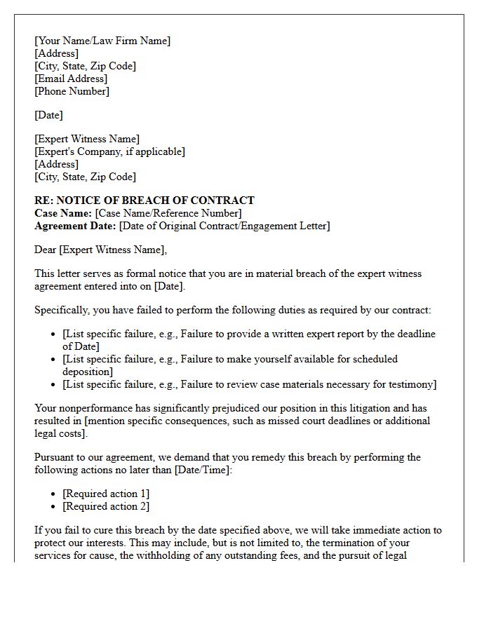 Notice of Breach of Contract Letter for Nonperformance of Expert Witness Duties