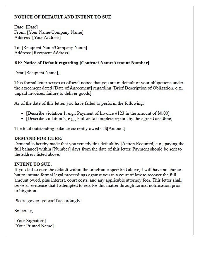 Notice of Default and Intent to Sue Letter