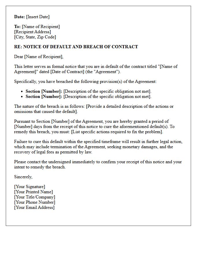 Breach of Contract Notice of Default Letter
