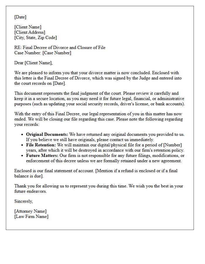 Family Law Divorce Final Decree End of Matter Disengagement Letter