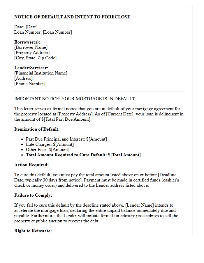 Mortgage Foreclosure Notice of Default Letter