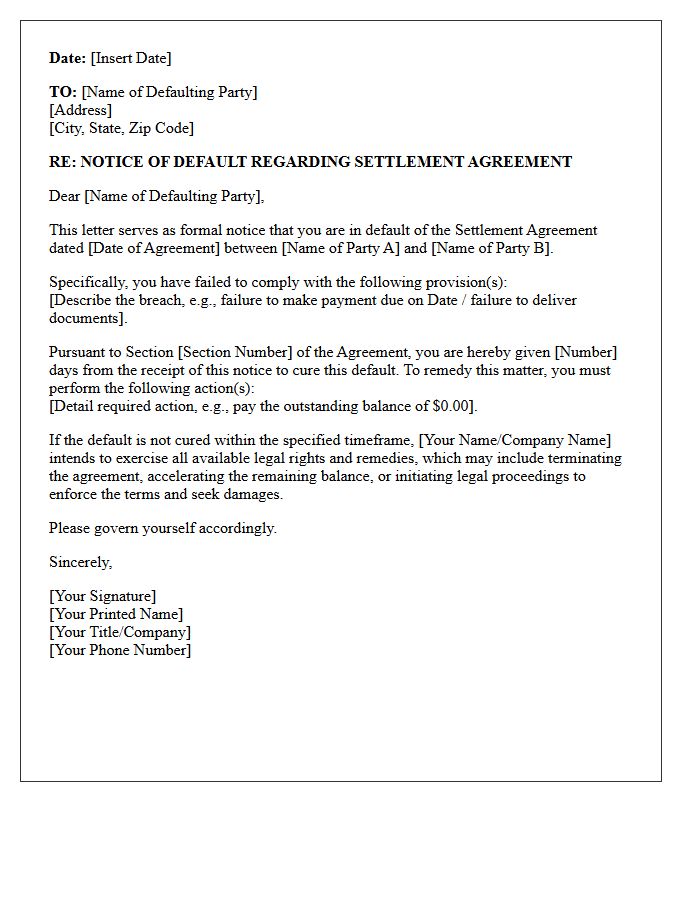 Settlement Agreement Notice of Default Letter