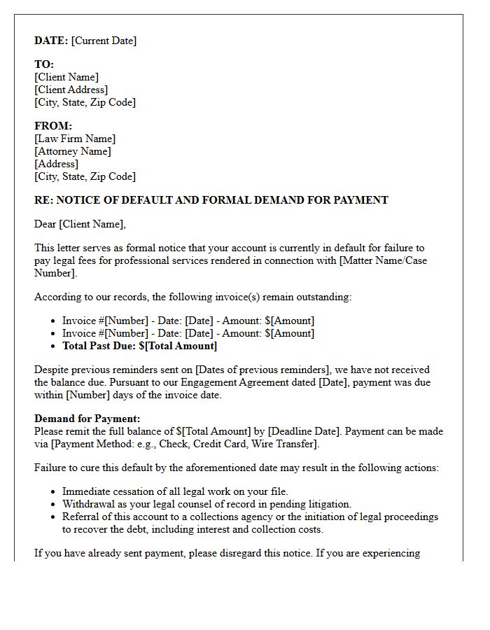 Unpaid Legal Fees Notice of Default Letter