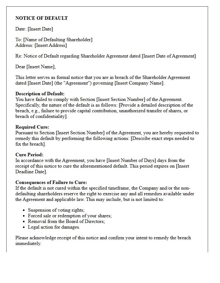 Shareholder Agreement Notice of Default Letter
