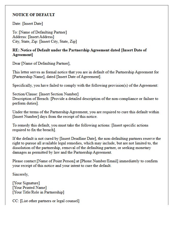 Partnership Agreement Notice of Default Letter