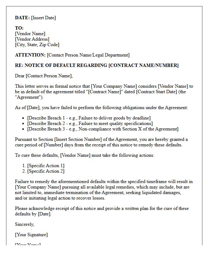 Vendor Contract Notice of Default Letter