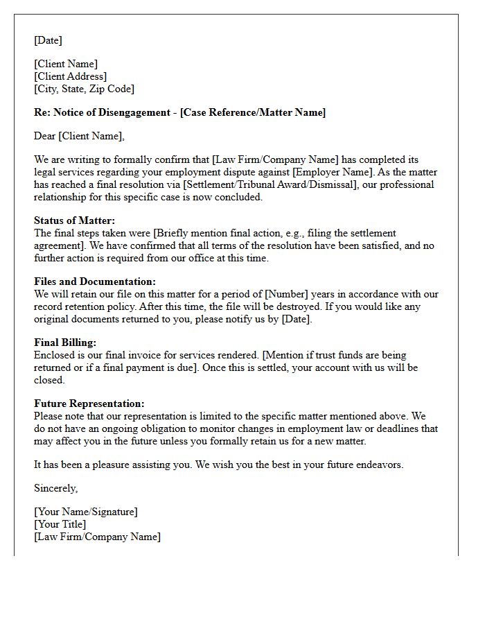 Employment Dispute Resolution End of Matter Disengagement Letter