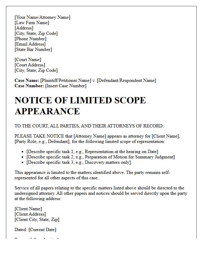 Limited Scope Notice of Appearance Letter