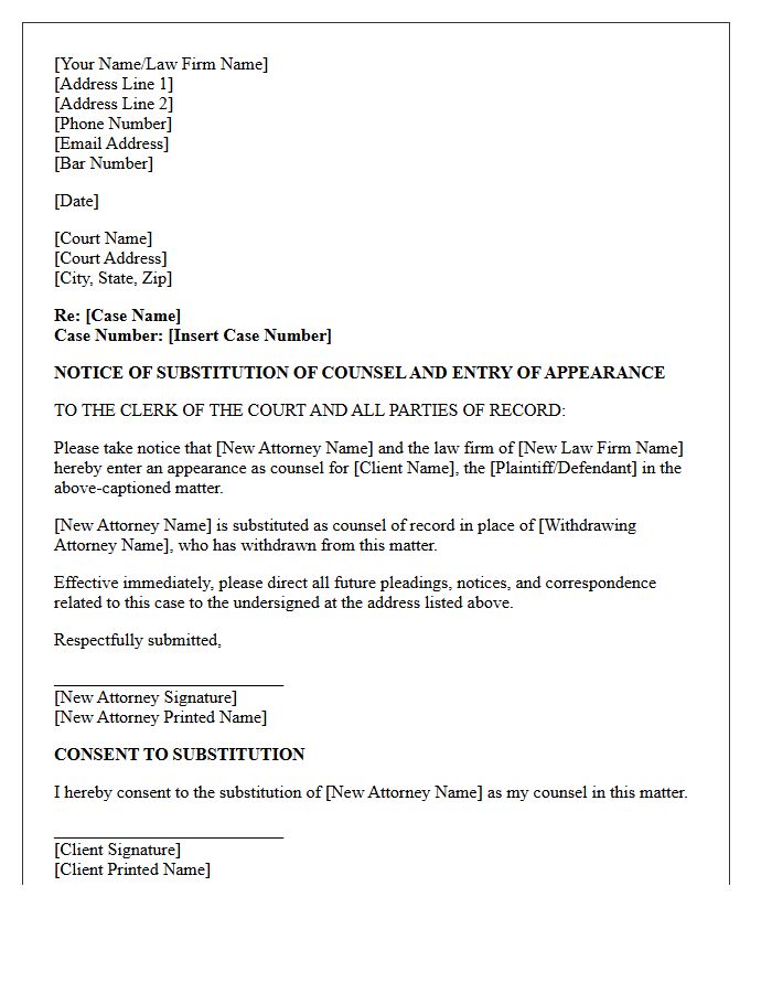 Substitution of Counsel Notice of Appearance Letter