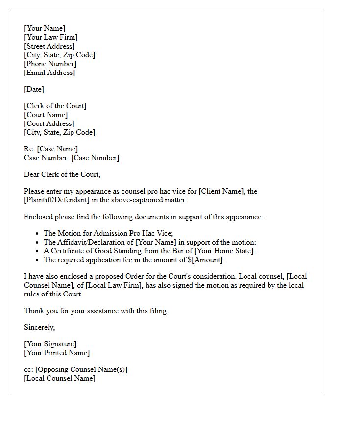 Pro Hac Vice Notice of Appearance Letter