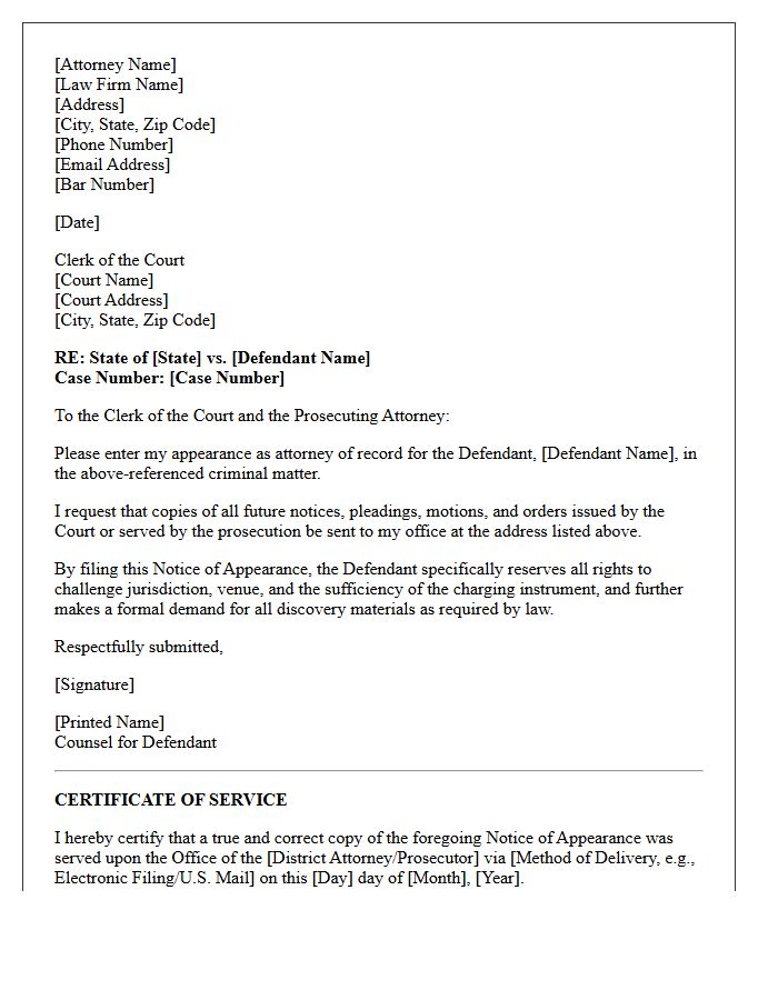 Criminal Defense Notice of Appearance Letter