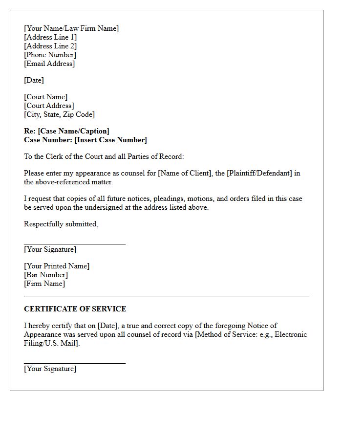 Civil Litigation Notice of Appearance Letter