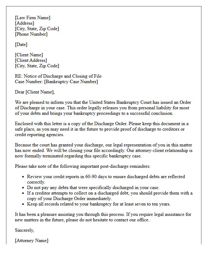 Bankruptcy Discharge End of Matter Disengagement Letter
