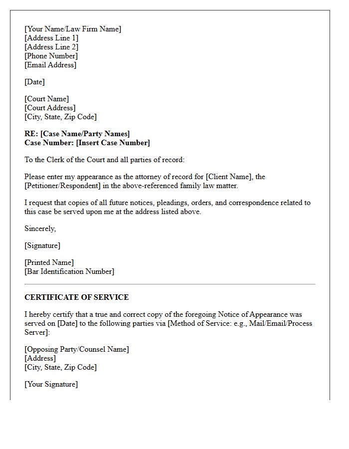 Family Law Notice of Appearance Letter