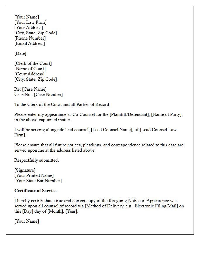 Co-Counsel Notice of Appearance Letter