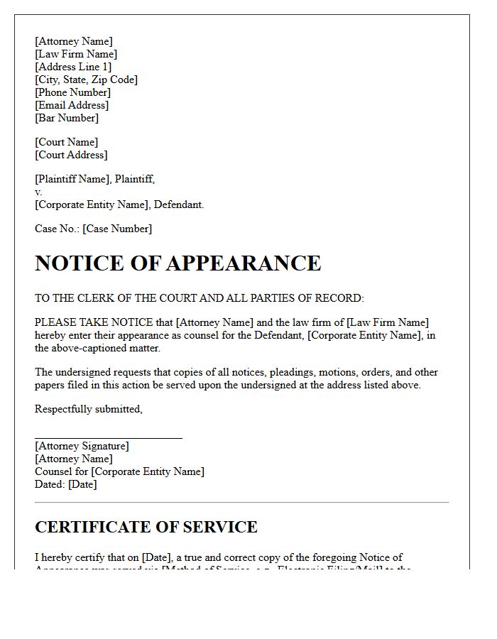 Corporate Entity Notice of Appearance Letter