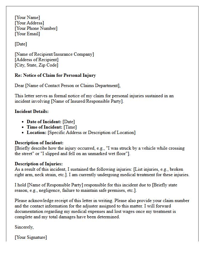 Notice of Claim Letter for Personal Injury