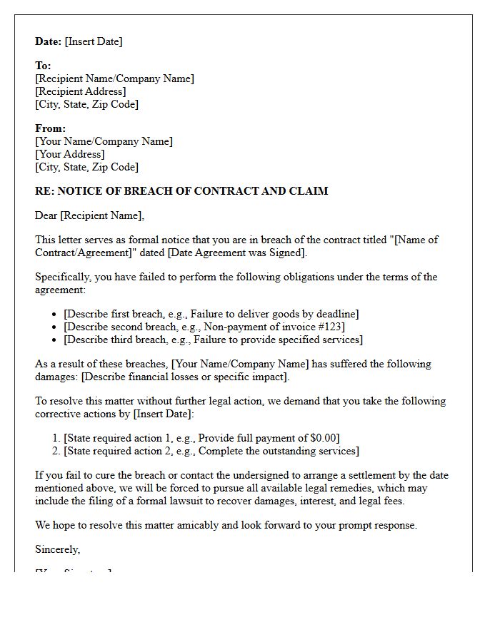 Breach of Contract Notice of Claim Letter