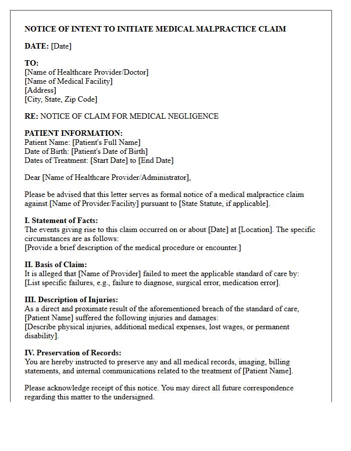 Medical Malpractice Notice of Claim Letter
