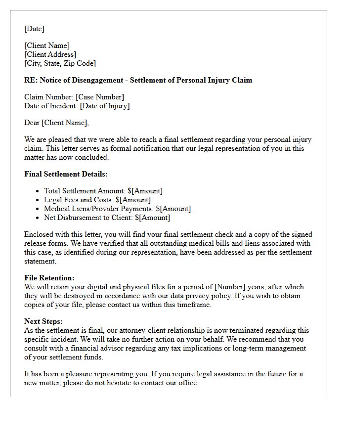 Personal Injury Claim Settlement End of Matter Disengagement Letter