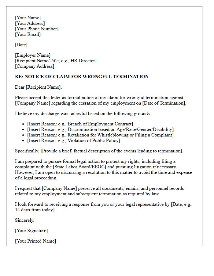 Wrongful Termination Notice of Claim Letter