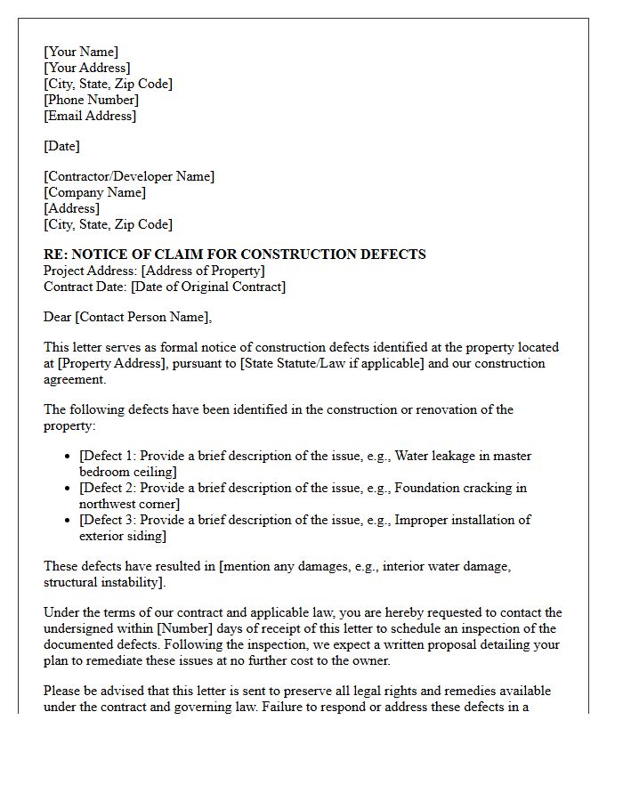 Construction Defect Notice of Claim Letter
