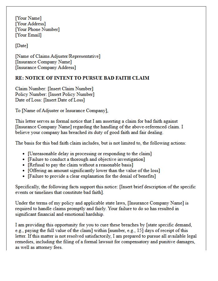 Insurance Bad Faith Notice of Claim Letter