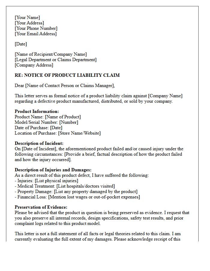 Product Liability Notice of Claim Letter