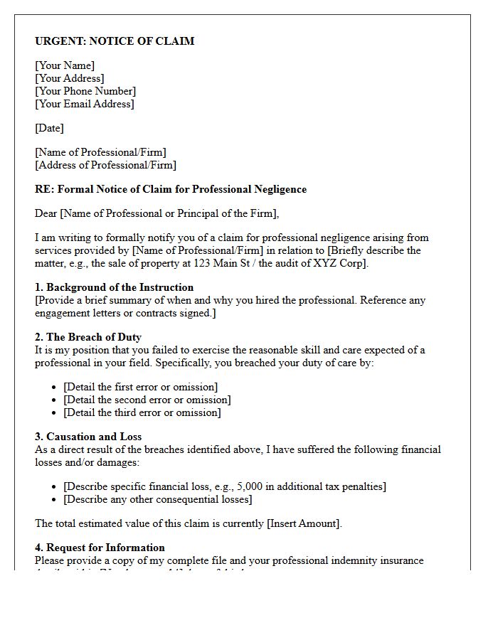 Notice of Claim Letter for Professional Negligence