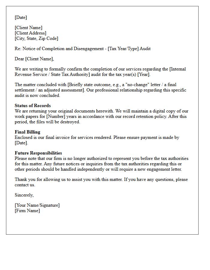 Tax Audit Resolution End of Matter Disengagement Letter