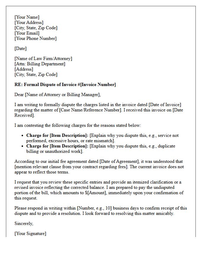 Notice of Dispute Letter for Unpaid Legal Fees