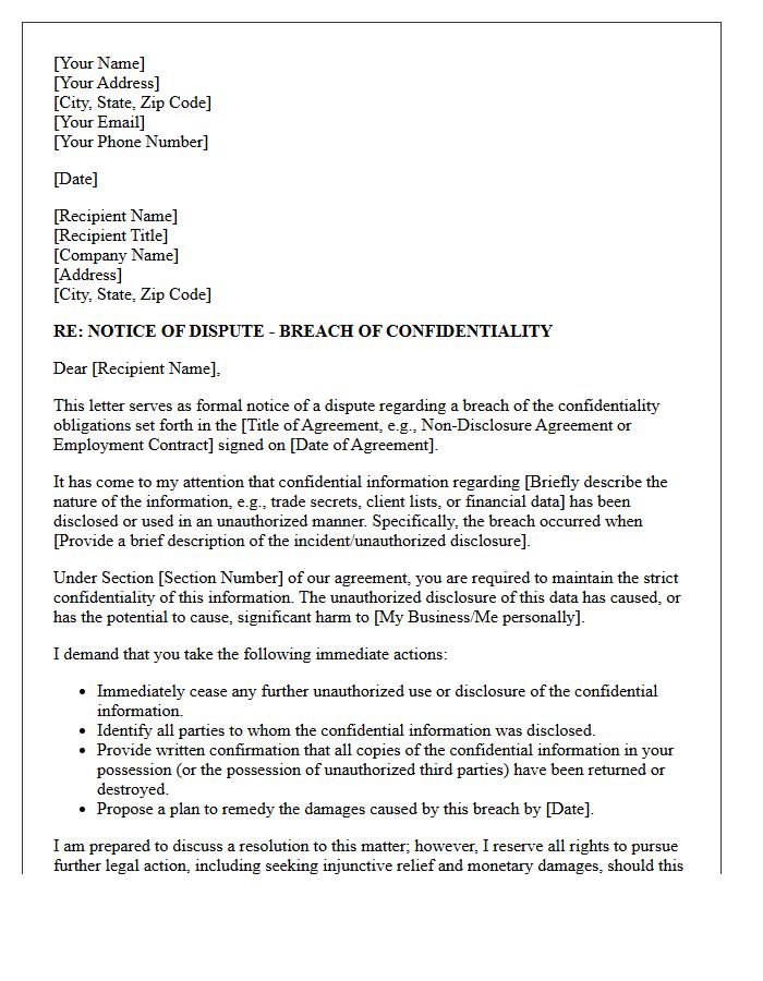Breach of Confidentiality Notice of Dispute Letter