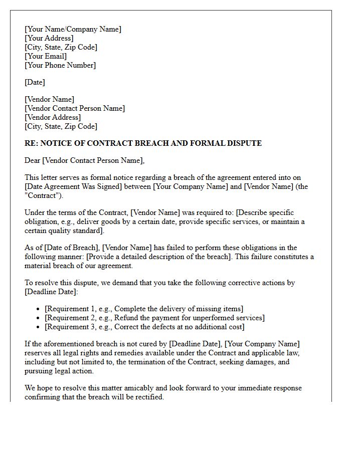 Legal Vendor Contract Breach Dispute Letter