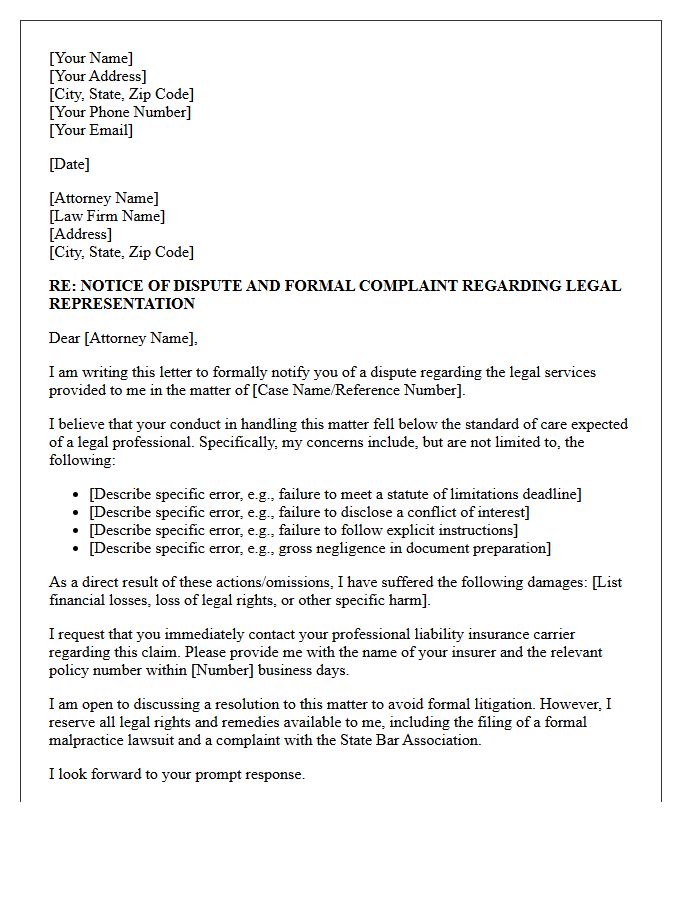 Legal Malpractice Notice of Dispute Letter