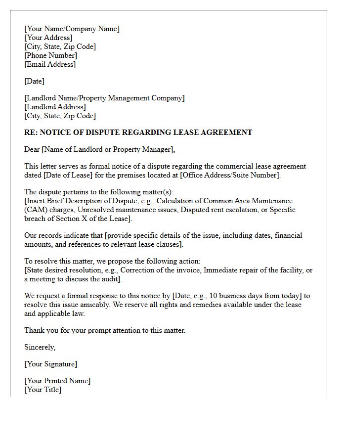 Commercial Office Lease Notice of Dispute Letter