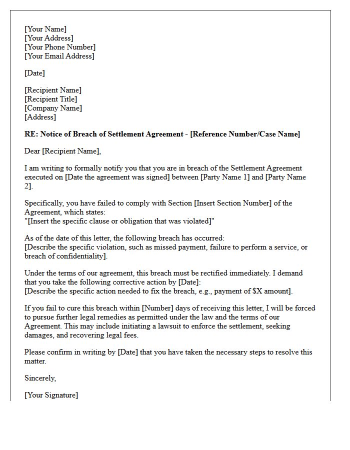 Settlement Agreement Breach Dispute Letter