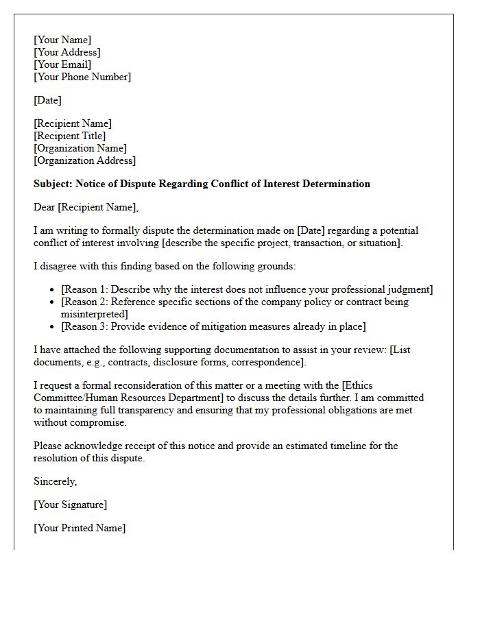 Conflict of Interest Notice of Dispute Letter