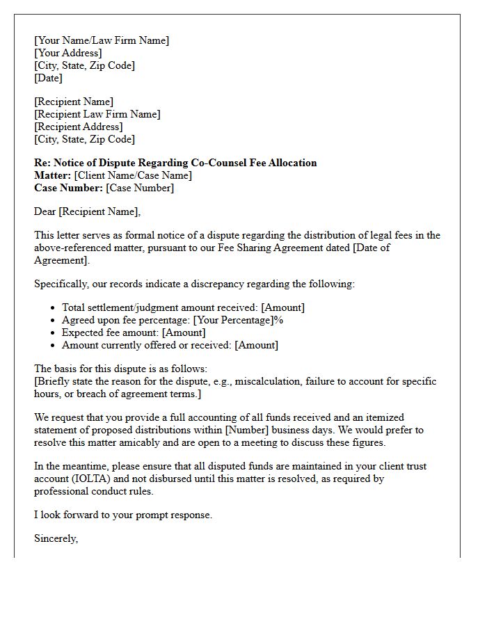 Co-Counsel Fee Sharing Notice of Dispute Letter