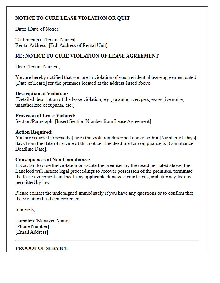 Notice to Cure Lease Violation or Quit Eviction Letter
