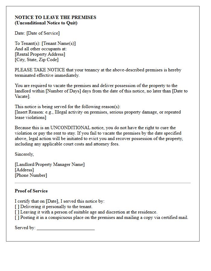 Unconditional Notice to Quit Eviction Letter