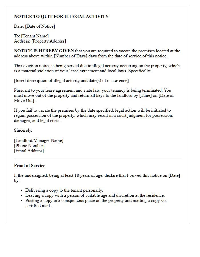 Notice of Eviction Letter for Illegal Property Activity