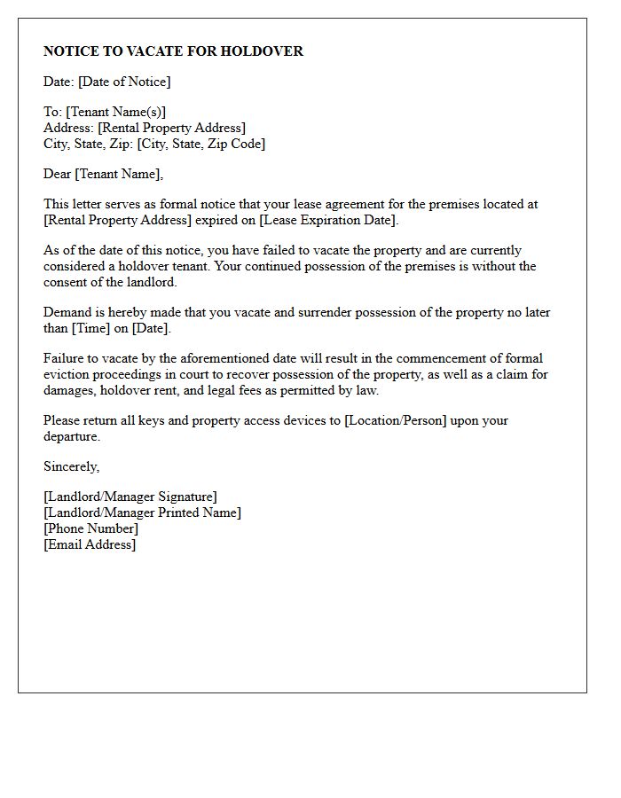 Holdover Tenant Notice of Eviction Letter