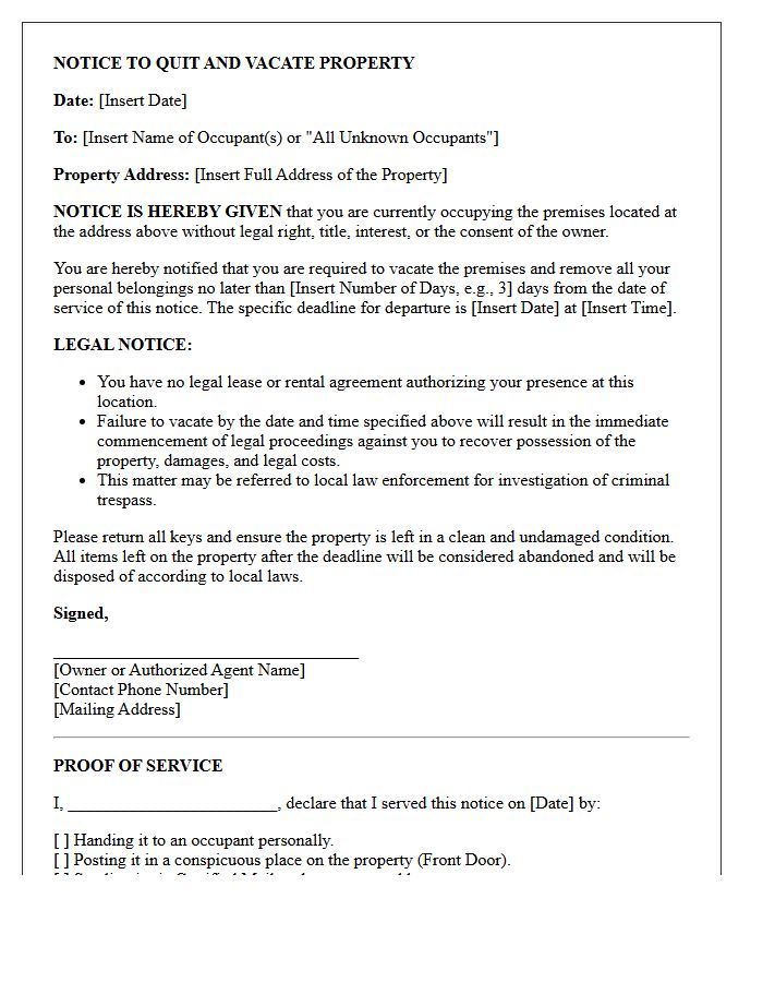Squatter Removal and Eviction Notice Letter