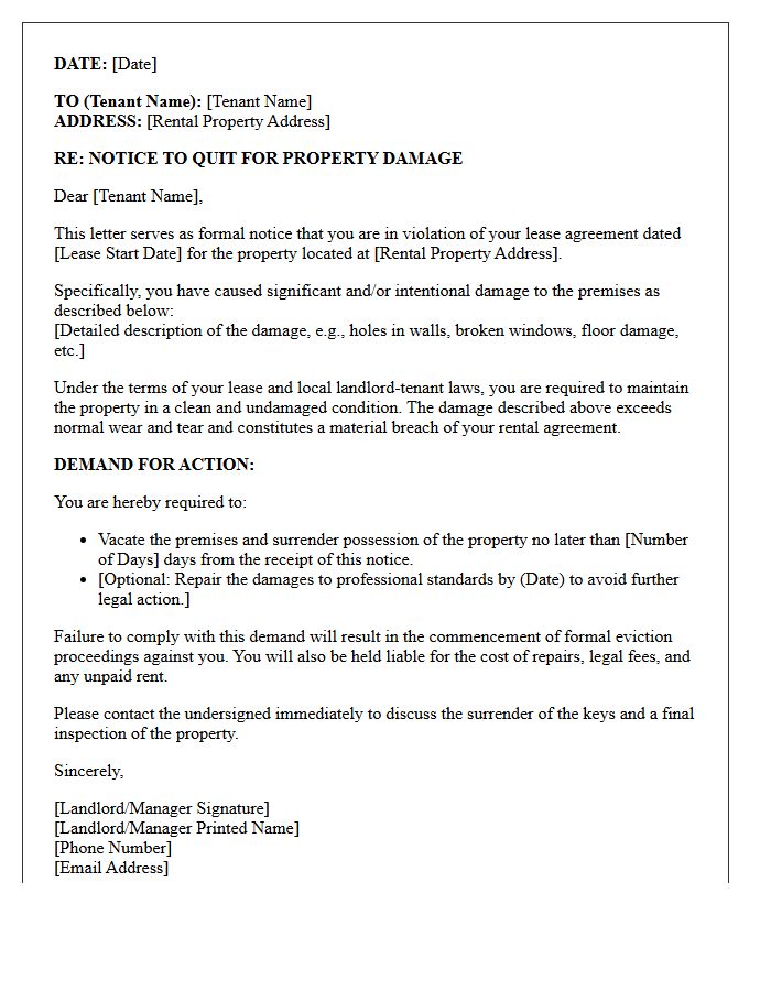 Property Damage Eviction Demand Letter