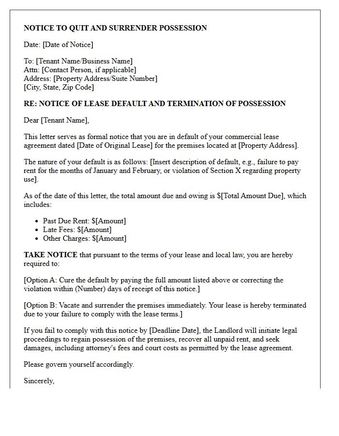 Commercial Lease Default Eviction Notice Letter