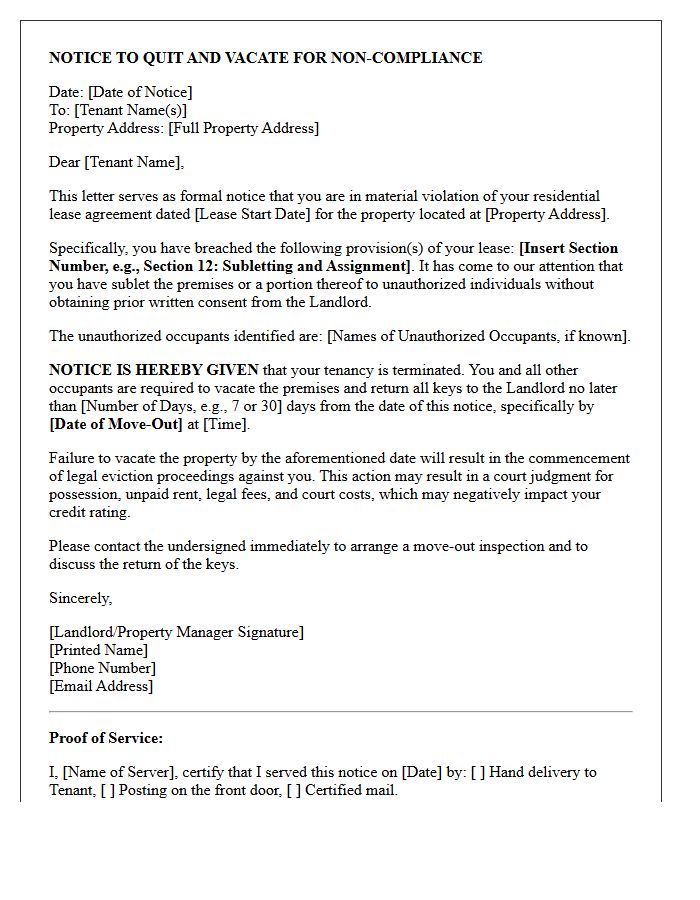 Unauthorized Subletting Notice of Eviction Letter