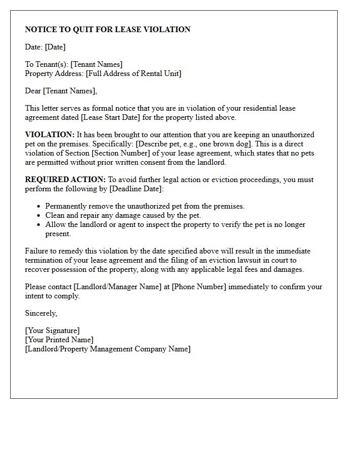 Unauthorized Pet Lease Violation Eviction Letter