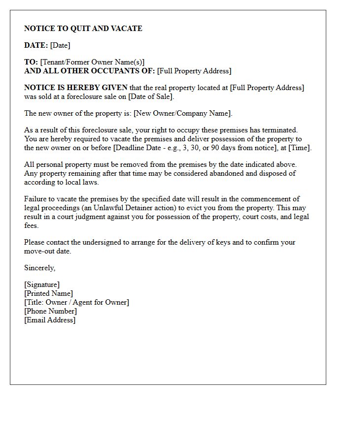 Post-Foreclosure Notice of Eviction Letter
