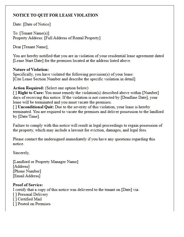 Notice to Quit for Lease Violation Letter